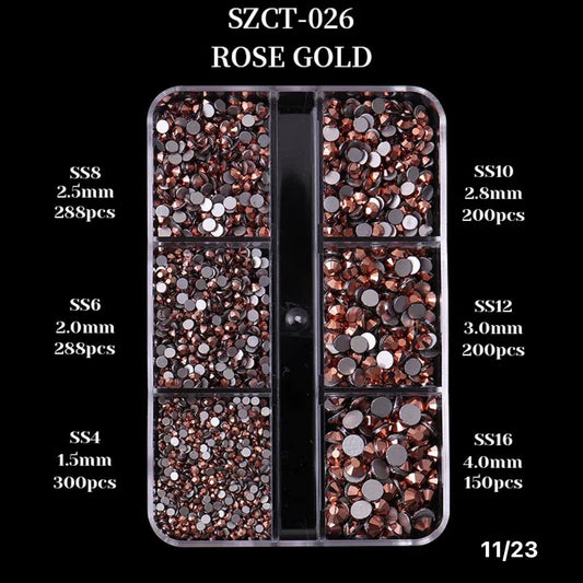 6 Grids In 1Box Mixed Size Crystal 3D Flat Back Nail Art Diamond/ ROSE GOLD