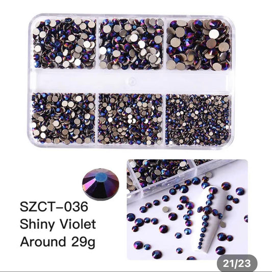 6 Grids In 1Box Mixed Size Crystal 3D Flat Back Nail Art Diamond/ SHINY VIOLET