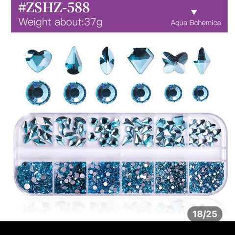 12Grid Box Multi Size Rhinestones Flatback/ AQUA BCHEMICA