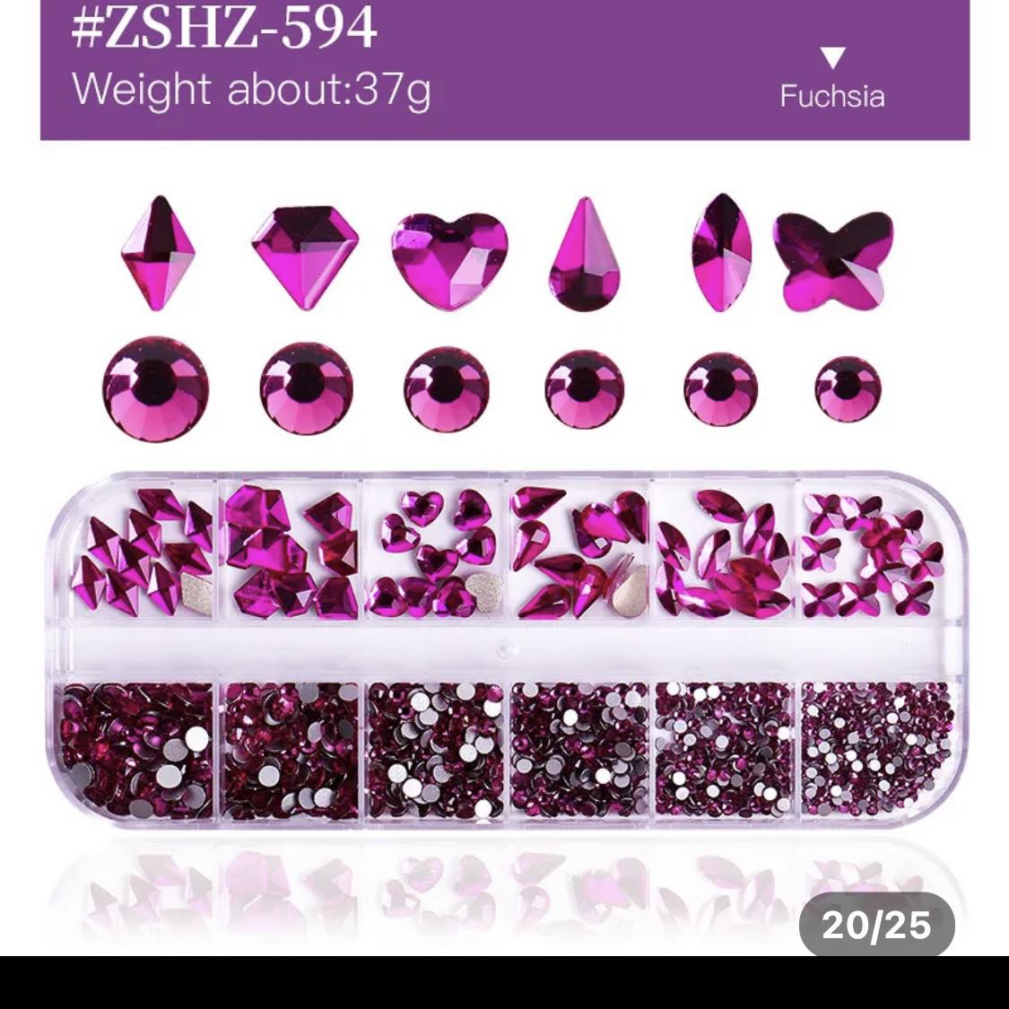 12Grid Box Multi Size Rhinestones Flatback/ FUCHSIA 594