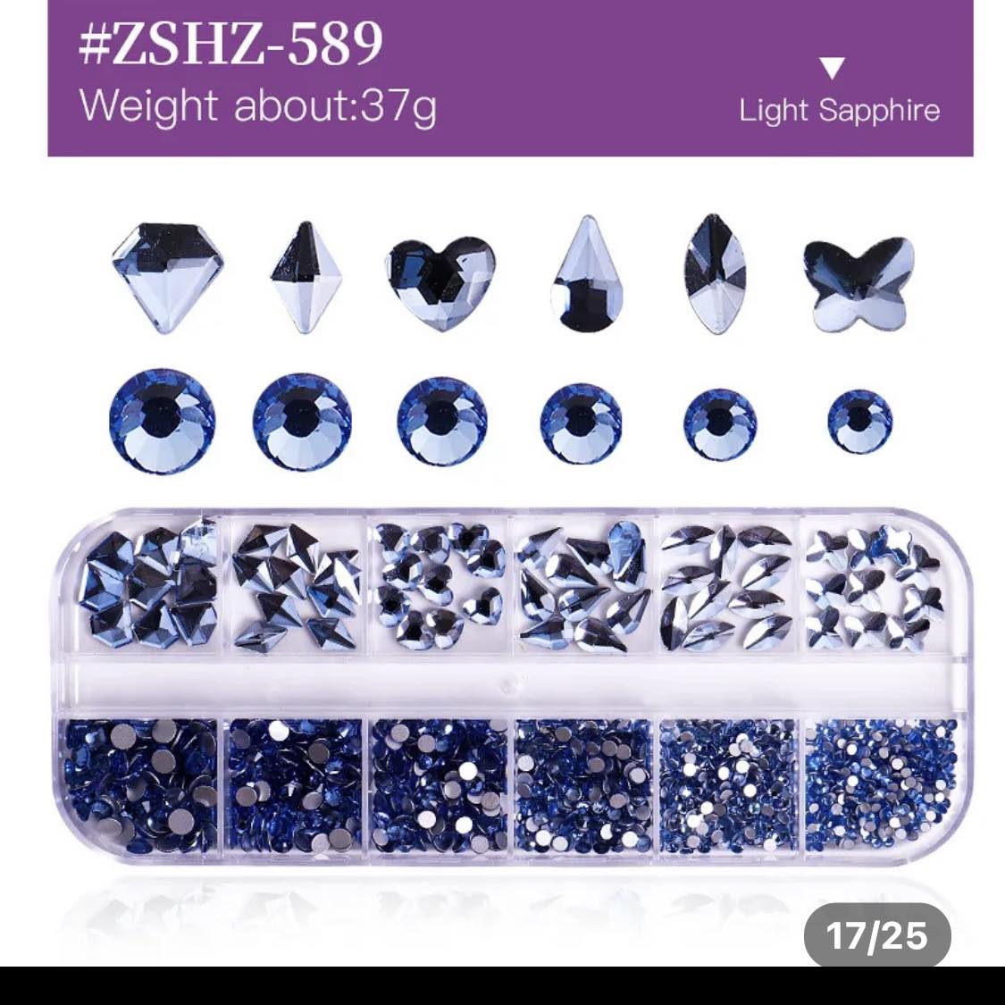 12Grid Box Multi Size Rhinestones Flatback/ LIGHT SAPPHIRE