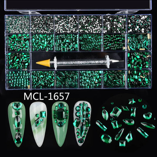 Mixed Multi Shapes Emerald Green Glass Fancy Rhinestone Box For Nail Art MCL-1657