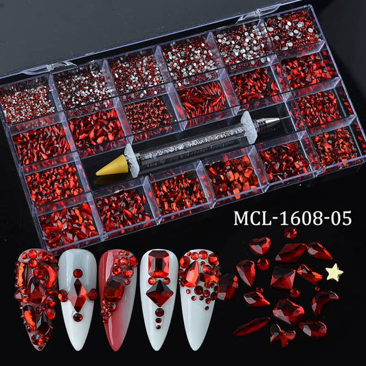 Mixed Multi Shapes Red Glass Fancy Rhinestone Box For Nail Art MCL-1608-05