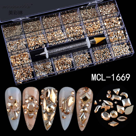 Mixed Multi Shapes Champagne Glass Fancy Rhinestone Box For Nail Art MCL-1669