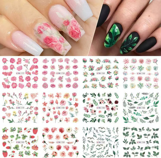 12 Pcs Flowers & Leaves  Nail Stickers Water Transfer