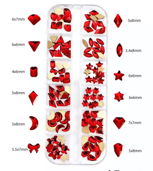 MIX SHAPE NAIL ART RHINESTONE FLAT BACK GLASS STONES- RED 2