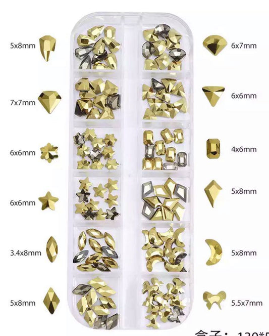 MIX SHAPE NAIL ART RHINESTONE FLAT BACK GLASS STONES- MINED GOLD 2