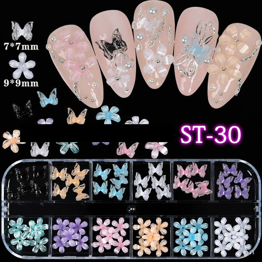 60PCS 3D BUTTERFLY, FLOWERS AURORA RESIN NAIL ART ST30