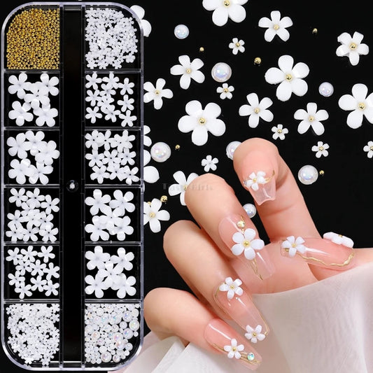 Mixed White Flowers Gold Pearl  Nail Art