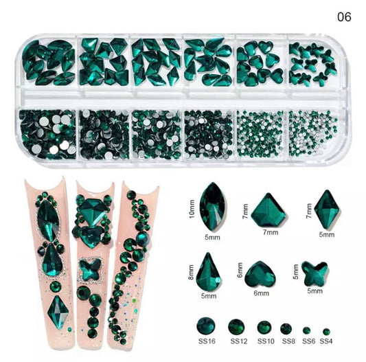 12Grid Box Multi Size Rhinestones Flatback / Emerald 06