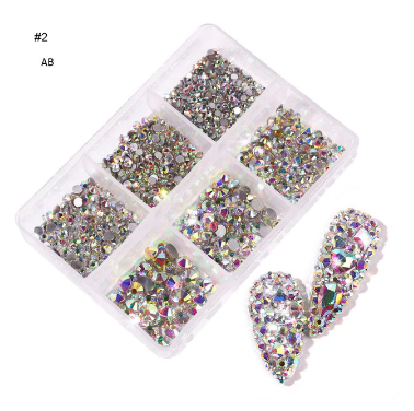 6 Grids In 1Box Mixed Size Crystal 3D Flat Back Nail Art Diamond Gem Shinny #2 AB