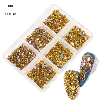 6 Grids In 1Box Mixed Size Crystal 3D Flat Back Nail Art Diamond Gem Shinny #10 GOLD AB