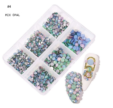 6 Grids In 1Box Mixed Size Crystal 3D Flat Back Nail Art Diamond Gem Shinny #4 MIX OPAL