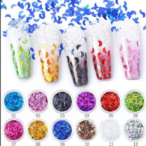 1Set 12Box Holographic  Glitter Shiny Half Moon Flakes