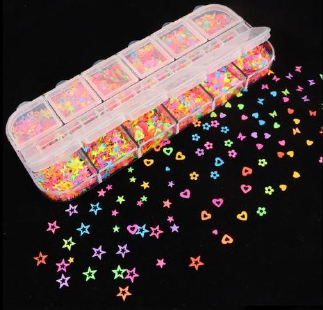 Fluorescence Love Heart Sequins Mix Butterfly Stars Flowers Neon Colorful Glitter Flakes