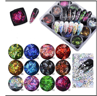 12 Bottle Holographic Glitter Shiny Sweet Love Heart Flakes