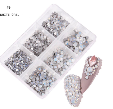 6 Grids In 1Box Mixed Size Crystal 3D Flat Back Nail Art Diamond Gem Shinny #9 WHITE OPAL