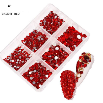 6 Grids In 1Box Mixed Size Crystal 3D Flat Back Nail Art Diamond Gem Shinny #6 RED